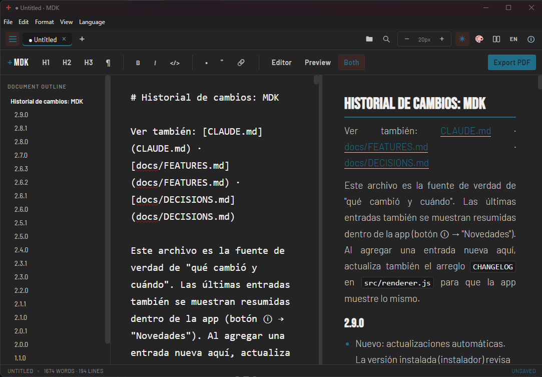 MDK en modo Ambos: editor y vista previa lado a lado